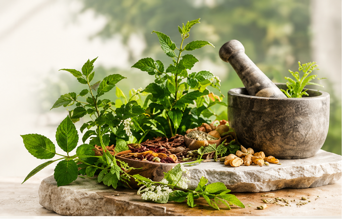 Herbal ingredients and traditional mortar
